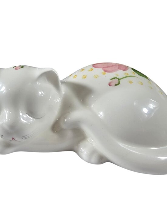 Unbranded Other - Vintage Sleeping Cat Ceramic Figurine White Pink Flowers Hand Painted